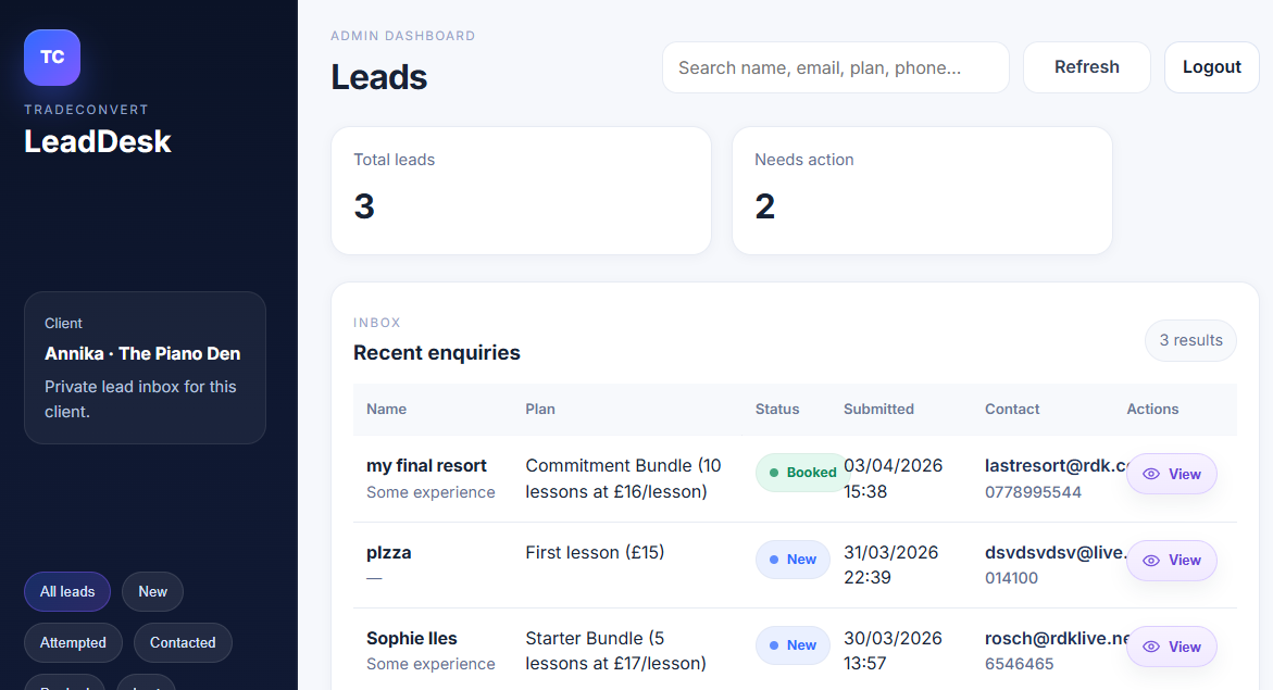 Lead dashboard showing recent enquiries and statuses