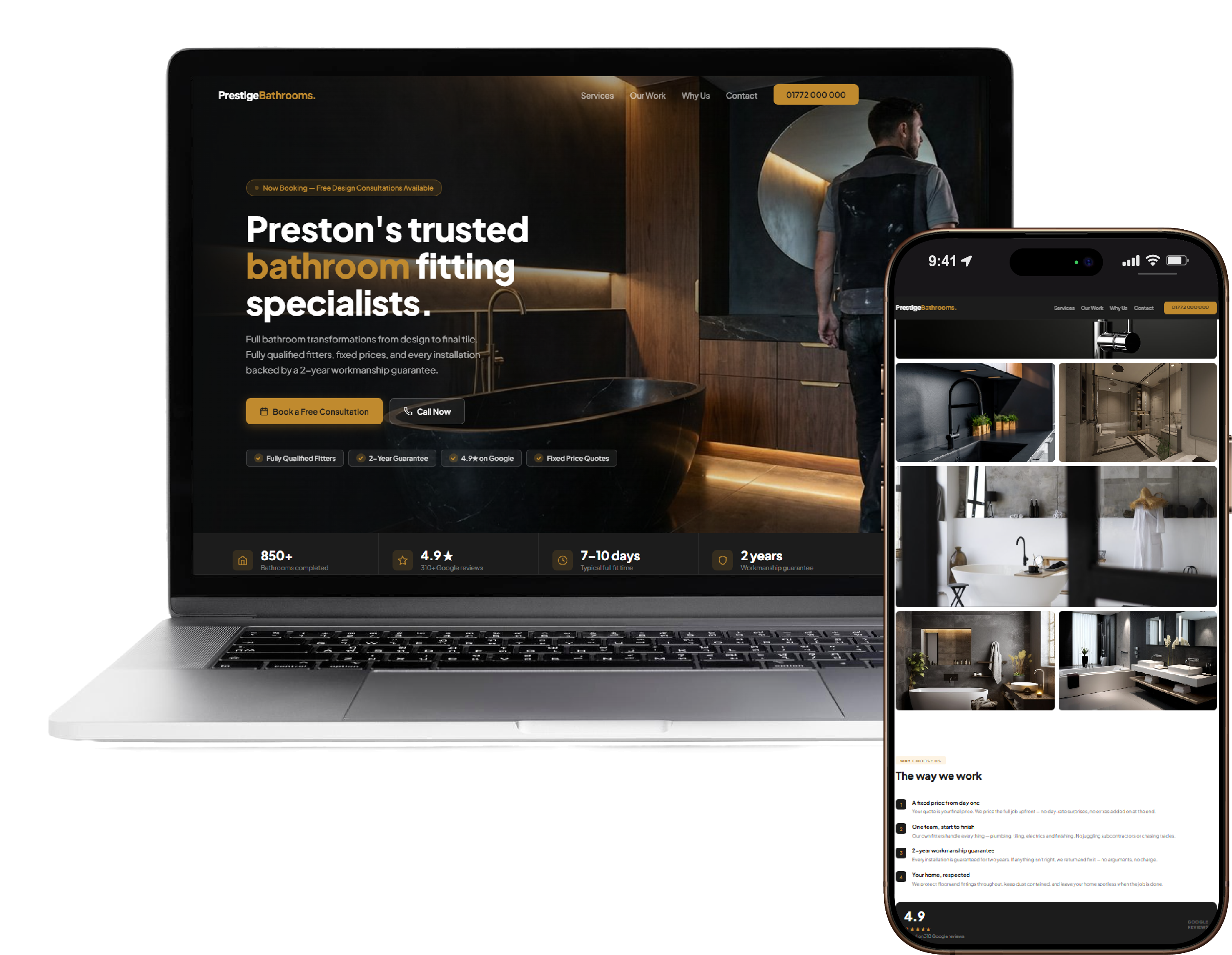 Example premium bathroom fitter website shown on laptop and mobile